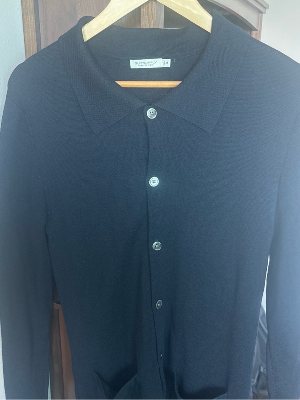Suitsupply Dark Navy 100% Merino Wool collared cardigan